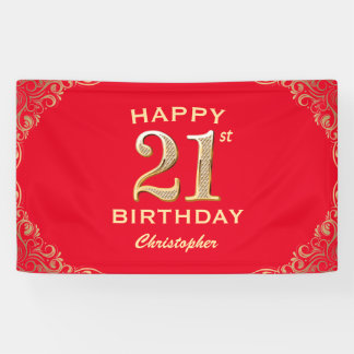 21st Birthday Party Red and Gold Glitter Frame Banner