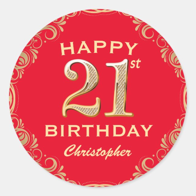 21st Birthday Party Red and Gold Glitter Frame Classic Round Sticker (Front)