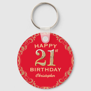 21st Birthday Party Red and Gold Glitter Frame Key Ring