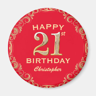 21st Birthday Party Red and Gold Glitter Frame Magnet