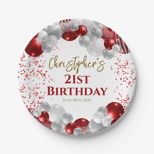 21st Birthday Party Red Balloons Paper Plate (Front)
