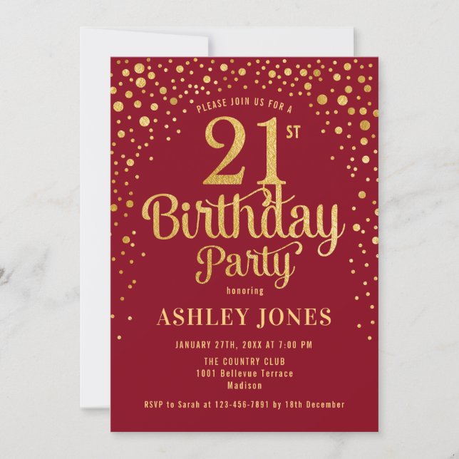 21st Birthday Party - Red & Gold Invitation (Front)