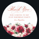 21st Birthday Party Red Pink Floral Thank You Classic Round Sticker<br><div class="desc">Add a special touch to your 21st birthday party favours with this elegant round thank you sticker. It features a watercolor red rose and pink peony floral border along the bottom. Dark green leaves give it a rustic botanical vibe. Thank you is written in a beautiful classic script. Two lines...</div>