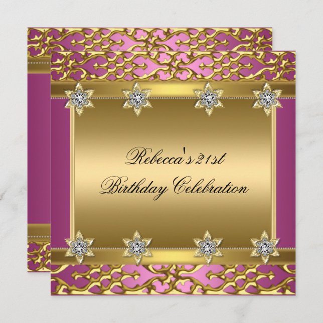 21st Birthday Party Rich Pink Elegant Ornate Gold Invitation (Front/Back)