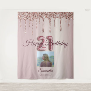 21st Birthday Party Rose Gold Balloon Glitter Tapestry
