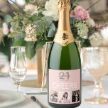 21st birthday party rose gold blush cheers photo sparkling wine label<br><div class="desc">A bottle label for a 21st birthday party, celebrating her life with a collage of 3 of your photos. Personalise and add a name, age 21 and a date. Date of birth or the date of the party. White and dark rose gold coloured letters. The text: Cheers. Elegant and trendy...</div>