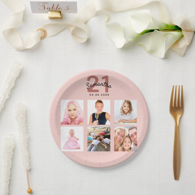 21st birthday party rose gold blush name photo paper plate (Wedding)