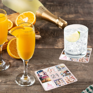 21st birthday party,rose gold blush pink photo square paper coaster