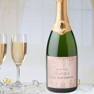 21st birthday party rose gold glitter monogram sparkling wine label