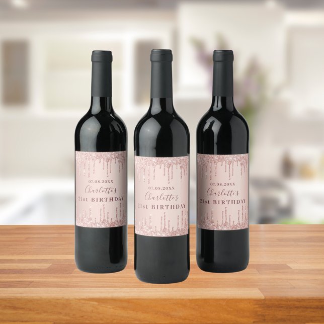 21st birthday party rose gold glitter monogram wine label (Creator Uploaded)