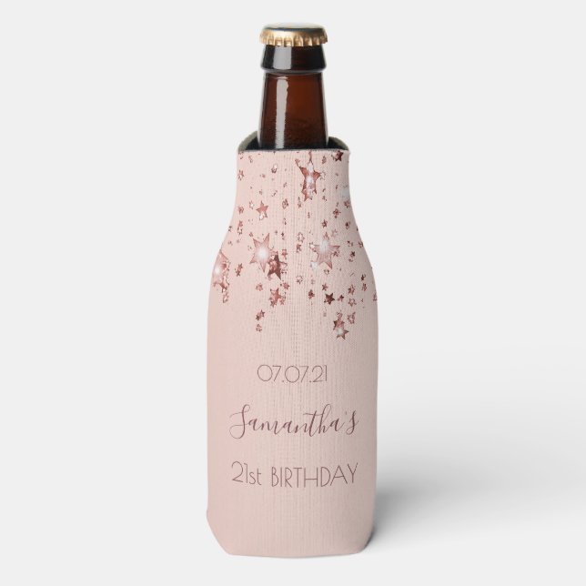 21st birthday party rose gold stars bottle cooler (Bottle Front)