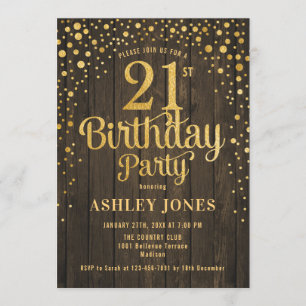 21st Birthday Party - Rustic Wood & Gold Invitation