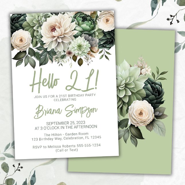 21st Birthday Party Sage Green Floral Invitation (Creator Uploaded)