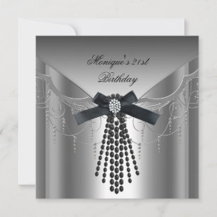 21st Birthday Party Silver Black Diamond Bow Invitation