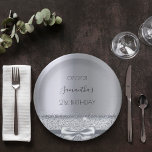 21st birthday party silver bow elegant paper plate<br><div class="desc">Modern, stylish and glamourous for a young woman's 21st birthday party. A faux silver metallic looking background with an elegant faux silver bow, ribbon and sparkle. The name is written with a modern black hand lettered style script. Template for a date (date of birth or the date of the party)...</div>