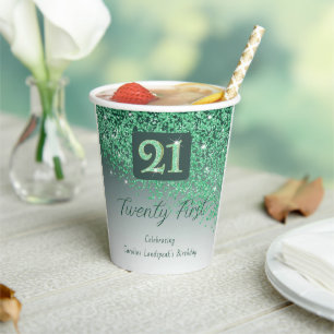 21st Birthday Party Sparkle Green Glitter Paper Cups