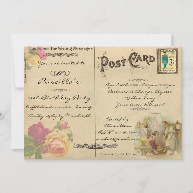 21st Birthday Party, vintage, old postcard style (Front)