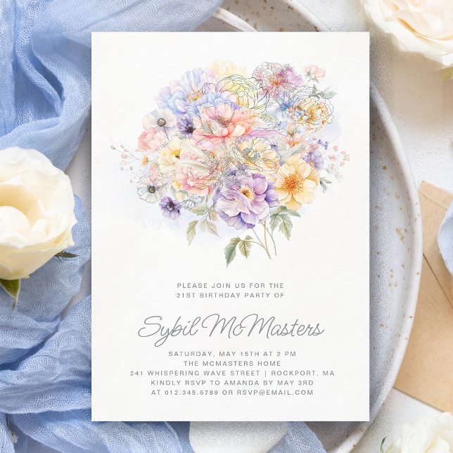 21st Birthday Party Watercolor Floral Bouquet Invitation (Creator Uploaded)