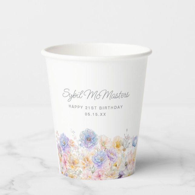 21st Birthday Party Watercolor Floral Custom Paper Cups (Front)
