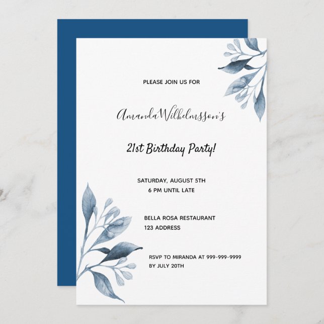 21st birthday party white blue florals botanical invitation (Front/Back)