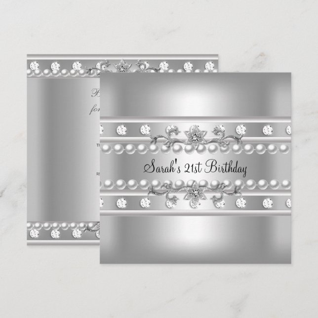 21st Birthday Party White Pearl Diamond Silver Invitation (Front/Back)