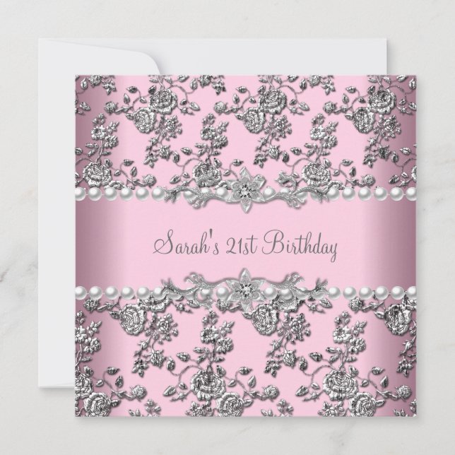 21st Birthday Party White Pearl Pink Lace Silver Invitation (Front)
