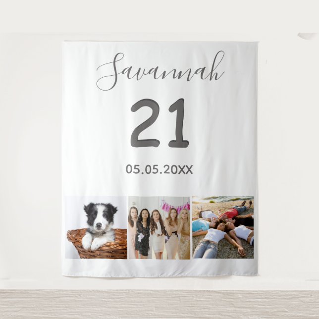 21st birthday party white photo collage name tapestry (Front)