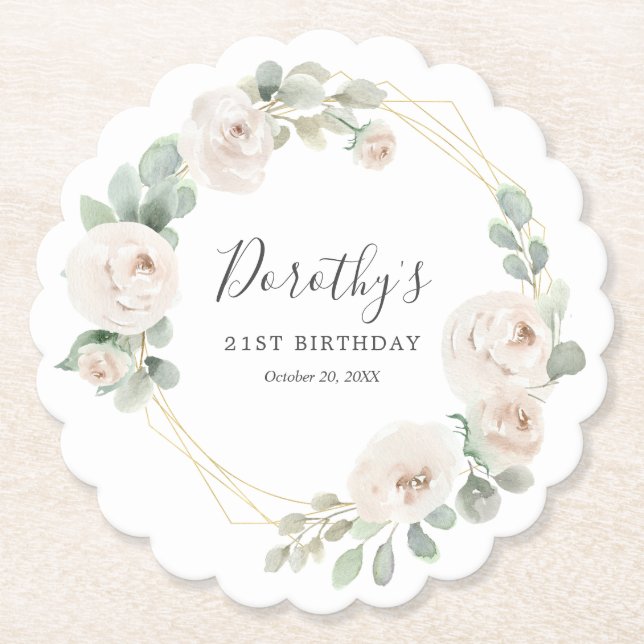 21st Birthday Party White Rose Floral Custom Paper Coaster (Front)