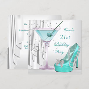 21st Birthday Party White Teal Martini Pearl Shoe Invitation