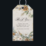 21st Birthday Party White Winter Floral Favour Gift Tags<br><div class="desc">Elegant winter white flowers are nestled in pine greenery and pinecones. The soft ivory white watercolor wash background is accented with gold flecks to create a sophisticated and chic aesthetic.</div>