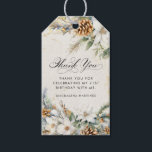 21st Birthday Party White Winter Floral Favour Gift Tags<br><div class="desc">Elegant winter white flowers are nestled in pine greenery and pinecones. The soft ivory white watercolor wash background is accented with gold flecks to create a sophisticated and chic aesthetic.</div>