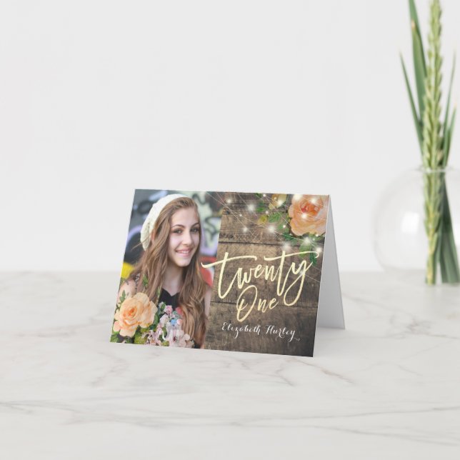 21st Birthday Party Wood Floral String Light Photo Invitation (Front)