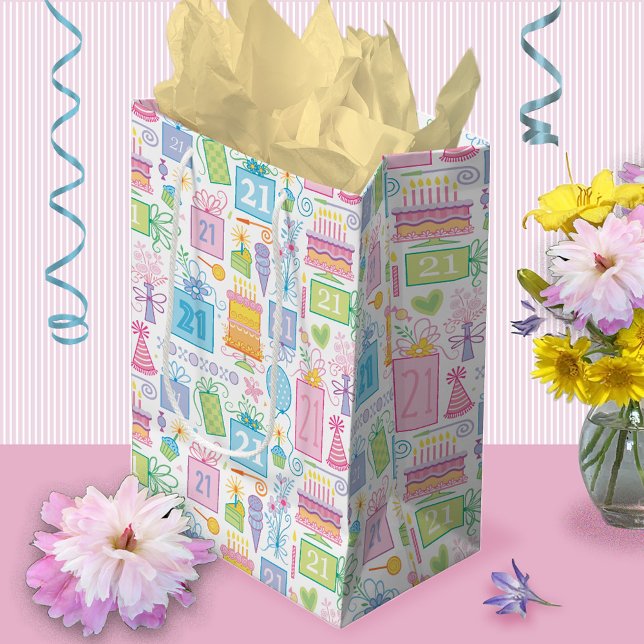 21st Birthday Pastel Pink Cake Presents Balloons Medium Gift Bag (Creator Uploaded)