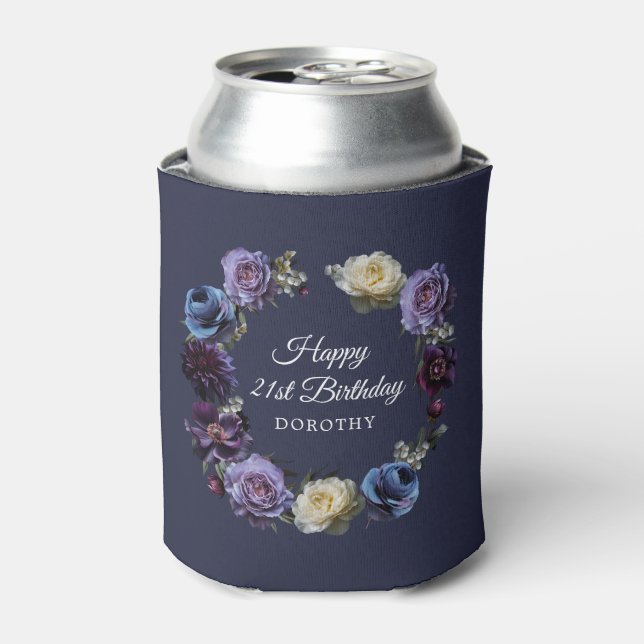 21st Birthday Personalised Moody Purple Flower Can Cooler (Can Front)