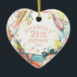 21st Birthday Personalised Name Year Girl Heart Ceramic Tree Decoration<br><div class="desc">Festive birthday deign includes a champagne bottle,  champagne glass,  lots of presents,  streamers and confetti. Text is a girly pink.</div>