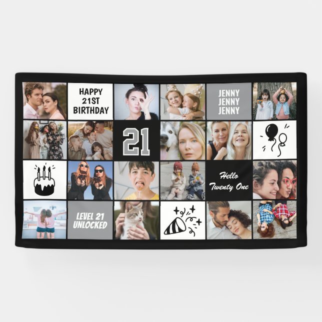 21st Birthday Photo Collage Custom Black White Banner (Horizontal)