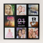 21st birthday photo collage girl black jigsaw puzzle<br><div class="desc">A gift for a girl's young woman's  21st birthday,  celebrating her life with a collage of 8 of your photos.  Templates for a name,  age 21 and a date.  Date of birth or the date of the anniversary.  Purple and white colored letters. Chic black background color.</div>