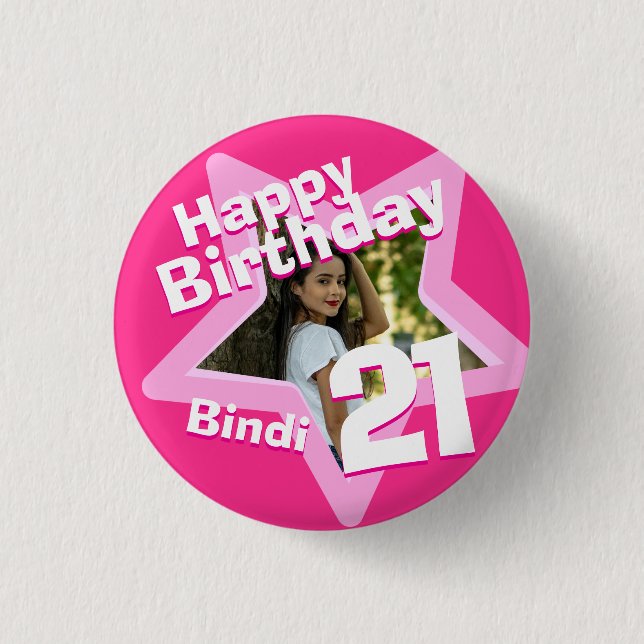 21st Birthday photo fun hot pink button/badge 3 Cm Round Badge (Front)