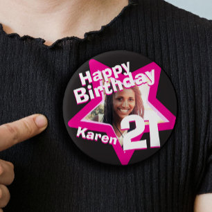 21st Birthday photo fun hot pink button/badge 3 Cm Round Badge