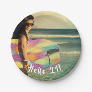 21st birthday photo hello 21 paper plate