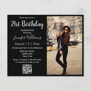 21st birthday photo qr code black invitation