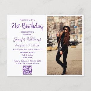 21st birthday photo qr code purple invitation