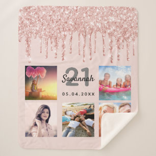21st birthday photo rose gold blush glitter drips sherpa blanket