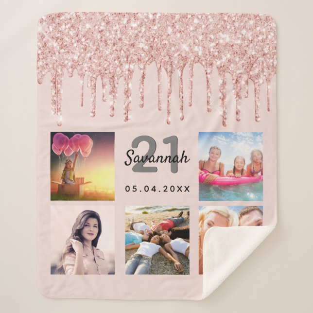 21st birthday photo rose gold blush glitter drips sherpa blanket (Front)