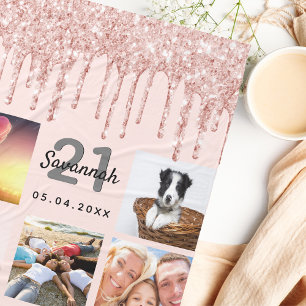 21st birthday photo rose gold glitter blush pink fleece blanket