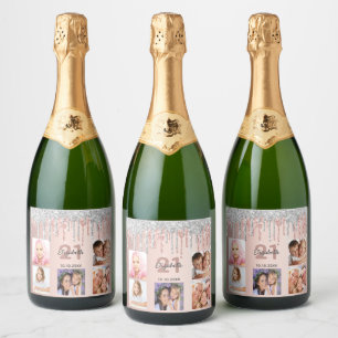 21st birthday photo rose gold silver glitter name sparkling wine label