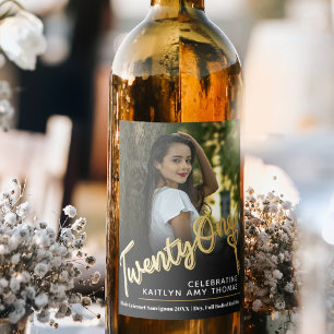 21st Birthday photo script gold effect 21 key Wine Label