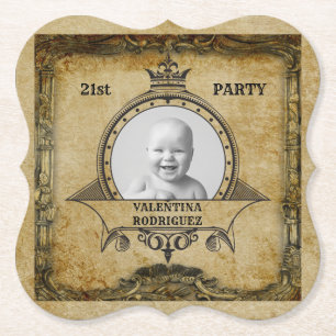 21st Birthday Photo Template Vintage Monogram Paper Coaster