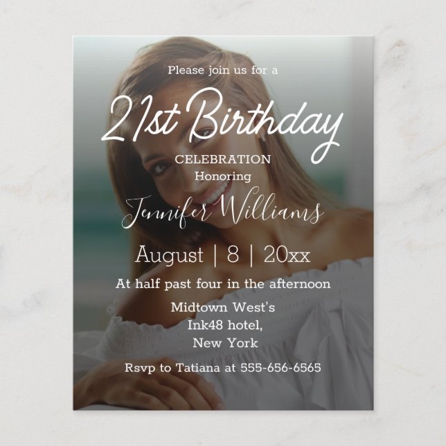 21st birthday photo white calligraphy invitation (Front)