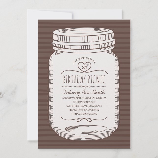21st Birthday Picnic Party Rustic Mason Jar Invitation (Front)